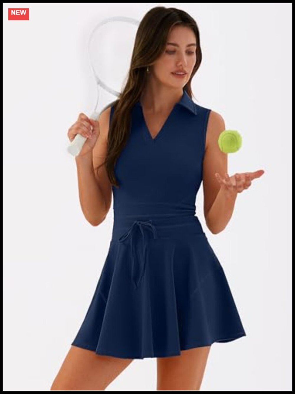 Women's 2 Piece Tennis Dress Set Polo Neck Sleeveless Mini Dress with Shorts - Picture 5 of 6